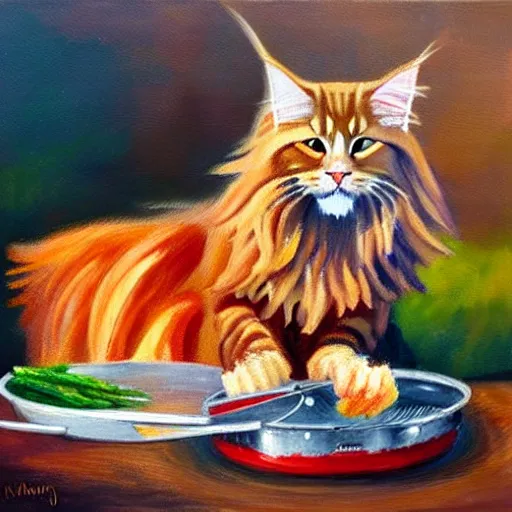 Prompt: beautiful impressionist painting of an ginger maine coon with a white beard cooking some sausages on a pan