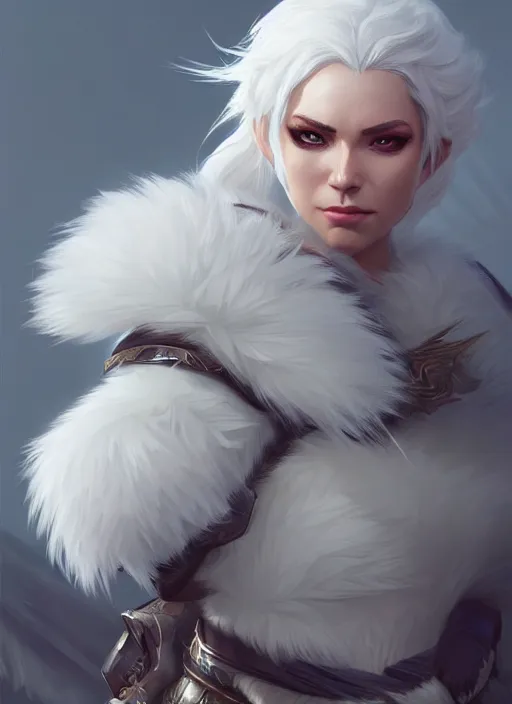 Image similar to fur - lined armor!!! beautiful and elegant white haired female!! gorgeous ayes!! character concept art, sharp focus, octane render! unreal engine 5! highly rendered!! trending on artstation!! detailed linework!! illustration by bussiere rutkowski andreas rocha