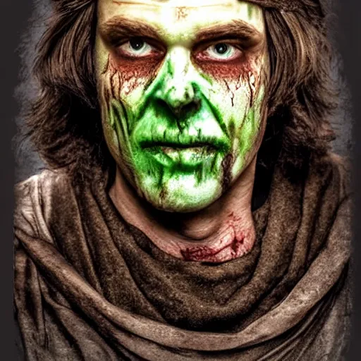 Prompt: head and shoulders photo portrait of a male medieval villager zombie, d & d