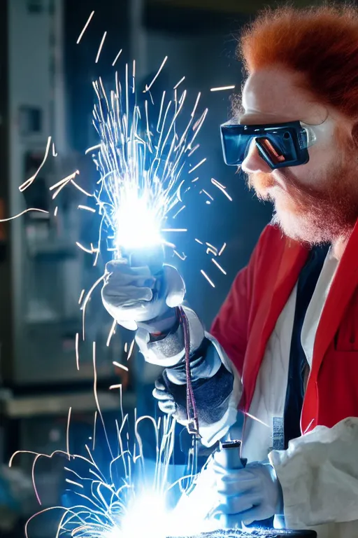 Image similar to an awkwardly tall scientist with a tangled beard and unruly red hair atop his balding head wearing a labcoat and welding goggles and holding a beaker, high resolution film still, movie by Ivan Reitman