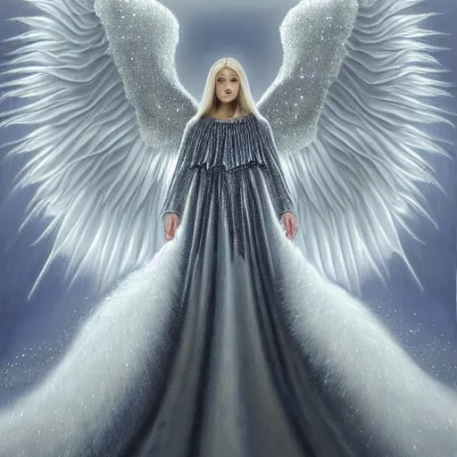 Prompt: highdetailed hyperrealistic painting of white angel in the hood lightning hands with silver sparkles!!!, giant silver ball on the chest!!!!!, 4 k hd fur face!!!, big wings, by jan van eyck, holography space, white sparkles everywhere, thin strokes, white monochrome color!!!!!, hyperrealism textures, soft