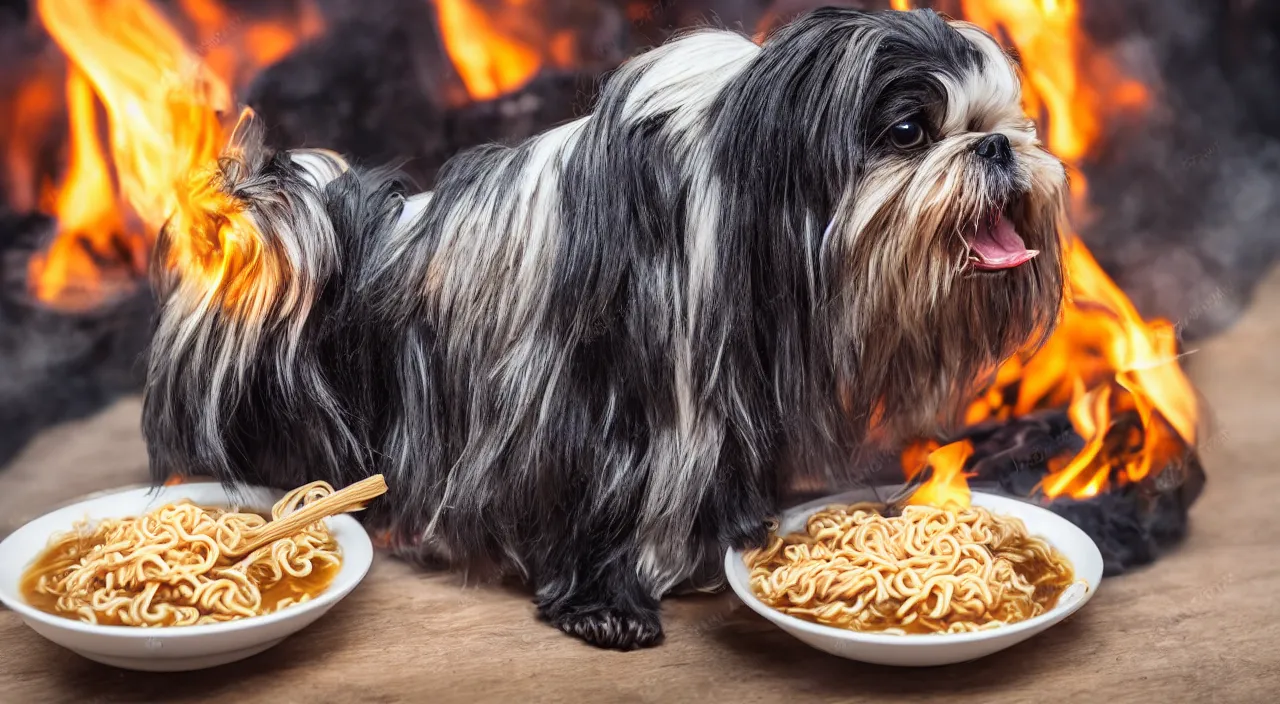 Prompt: Demon Shih Tzu eating Ramen Noodles, Professional Photograph, Fire, Lava