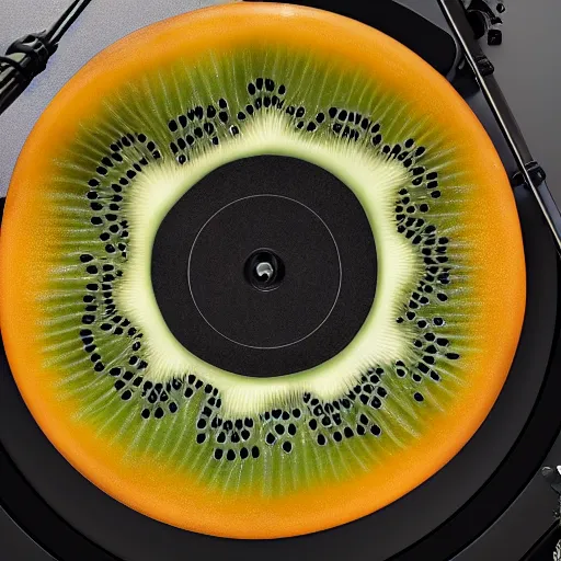 Image similar to vinyl turntable with vinyl record in shape of huge kiwi fruit, 4 k, optical illusion, unreal render, hyperrealistic textures, product shot, top view