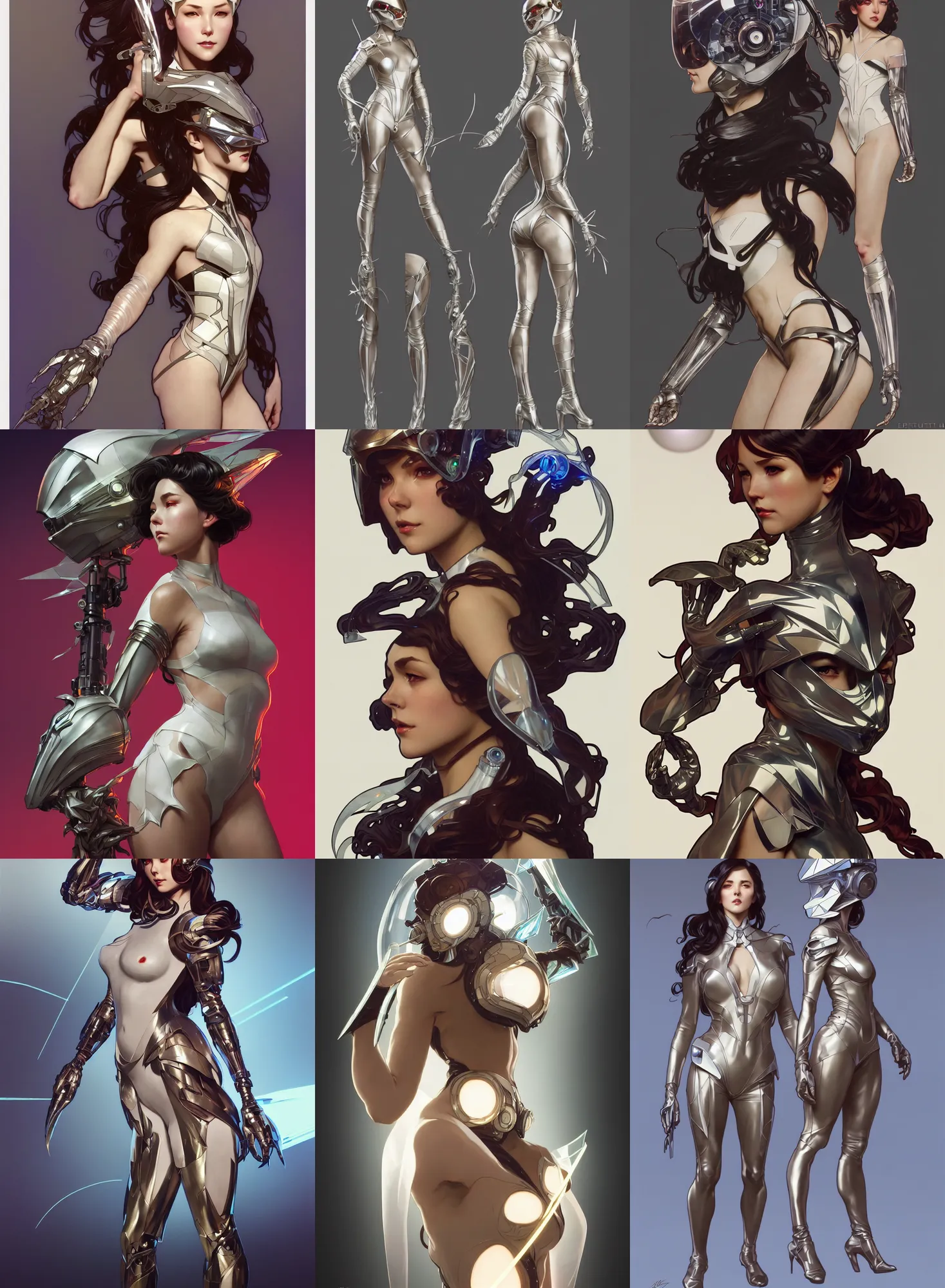 Image similar to a full body character design by artgerm, cushart krenz, greg rutkowski and alphonse mucha. sci - fi dagger. laser and translucent plastic tape project show attctive showgirl!! sci - fi helmet!! sharp edges. ultra clear detailed. contour light effect!! 8 k. ultra detailed, elegant, intricate, octane render.