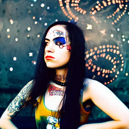 Prompt: beautiful young woman with gutterpunk pen ink face tattoos at golden hour, stars in background, cinematic diane arbus, leica s, fuji 8 0 0, grainy, low light