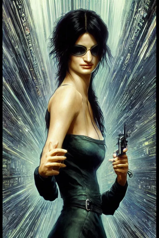 Prompt: penelope cruz in the movie Matrix, intricate, cinematic lighting, highly detailed, beautiful, digital painting, artstation, masterpiece, concept art, smooth, sharp focus, illustration, art by Artgerm and Greg Rutkowski and Alphonse Mucha and william-Adolphe Bouguereau