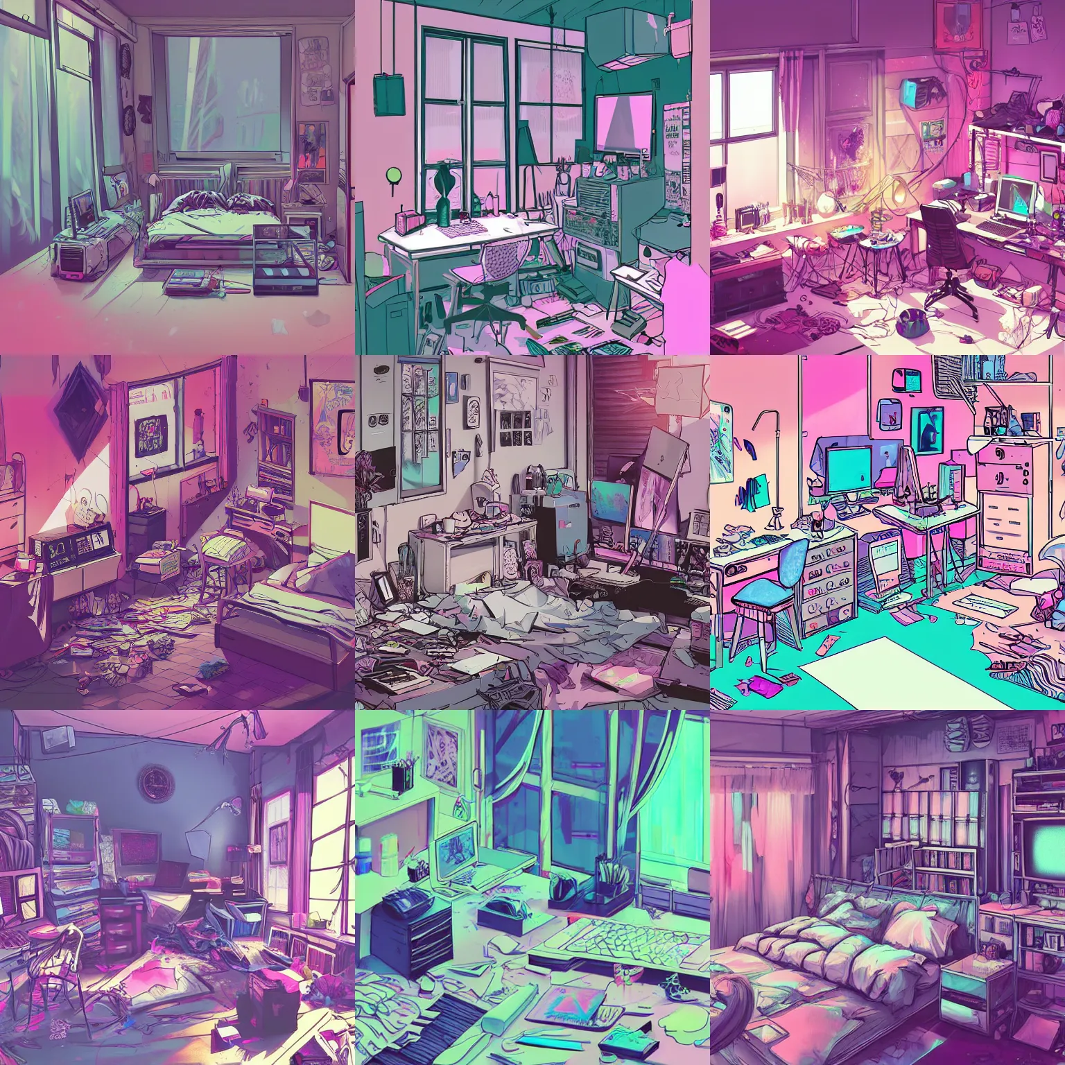 Prompt: digital art of a messy room, pastel goth aesthetic, high contrast, vaporwave, sharp details, intricate details, hd anime, trending on artstation