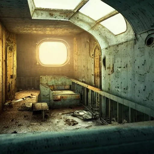 Prompt: inside an narrow quarter room of an abandonned ussr uboat, dim lighting with very small lightrays, comming, concept art, 4 k, hd, art station trending, sergii ivanchenko, sharp and highly detailed