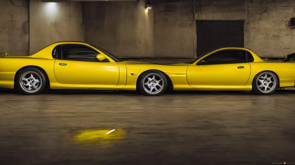 Image similar to 1 9 9 8 mazda rx 7 coupe yellow aero kit, cinematic, long exposure, white balance, 8 k, led, lumen global illumination, fog, ray tracing reflections