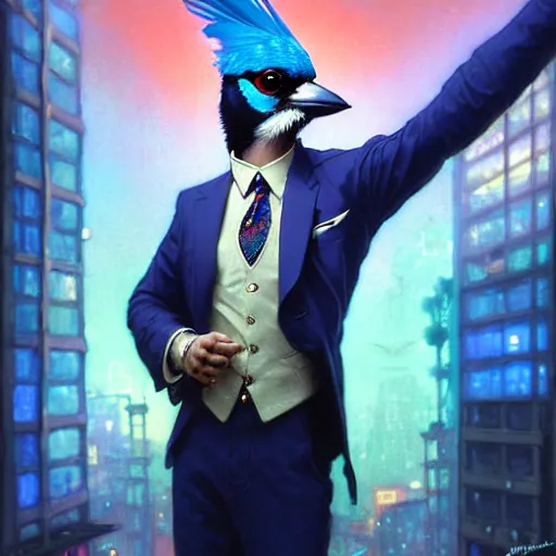 Image similar to female anthropomorphic blue jay with exquisite feathers and wearing a tie and vest in a cyberpunk city at night. Neon lights. Renowned character illustration by greg rutkowski, thomas kindkade, alphonse mucha, loish, norman rockwell.