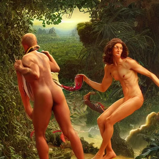 Image similar to Close-up of God being angry in the Garden of Eden. Adam and Eve look very guilty and the snake is leaving the scene quietly - elegant, highly detailed, centered, digital painting, artstation, concept art, artgerm, donato giancola, Joseph Christian Leyendecker, WLOP, Boris Vallejo, Artgerm