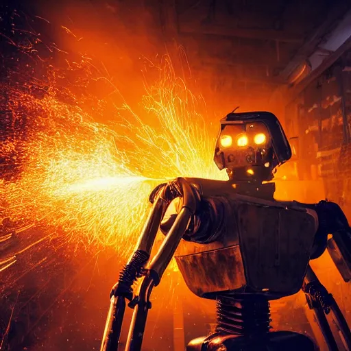 Image similar to toaster oven terminator robot, dark messy smoke - filled cluttered workshop, dark, dramatic lighting, orange tint, sparks, plasma charge, cinematic, highly detailed, sci - fi, futuristic, movie still