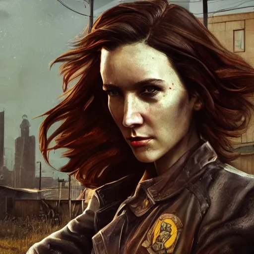 Prompt: fallout 5, charismatic beautiful rugged brunette female protagonist, portrait, outdoors ruined cityscape, atmospheric lighting, painted, intricate, volumetric lighting, beautiful, daytime, sunny weather, slight overcast, sharp focus, deep colours, ultra detailed, by leesha hannigan, ross tran, thierry doizon, kai carpenter, ignacio fernandez rios