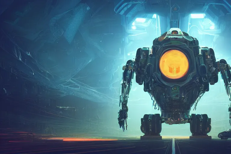 Prompt: huge mechanical creature robot in the middle, radiating a glowing aura, looking at the camera, symmetrical, global illumination, ray tracing, hdr, fanart, artstation, by ian pesty and alena aenami, artworks, 4 k