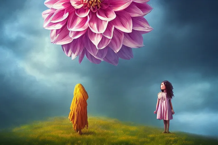 Image similar to closeup giant dahlia flower as head, girl standing on mountain, surreal photography, blue storm clouds, dramatic light, impressionist painting, digital painting, artstation, simon stalenhag