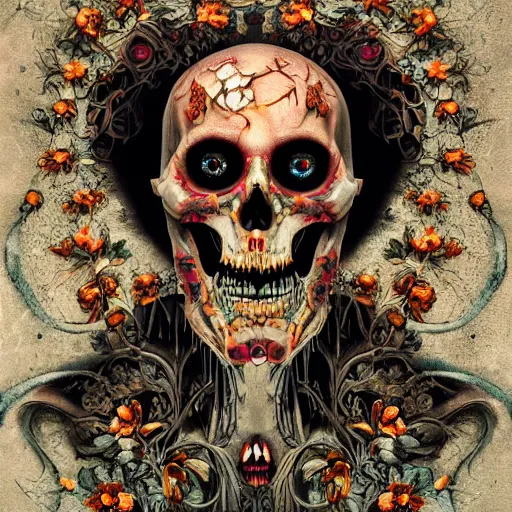 Image similar to A very detailed horrifying portrait painting of the prince of death, floral patterned skin, occult, 8k, trending on artstation cgsociety, masterpiece, in the style of DiscoDiffusion.