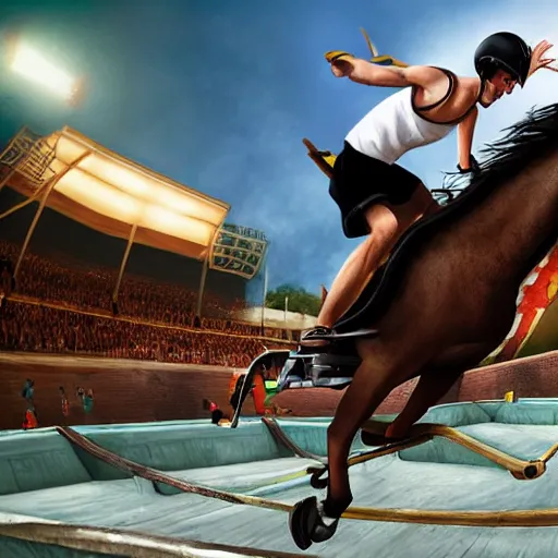 Image similar to roman horse-drawn chariot high jumping in a skate park half-pipe, video game cover, intense, high detail, crowd cheering, wide lense, style of Tony Hawk