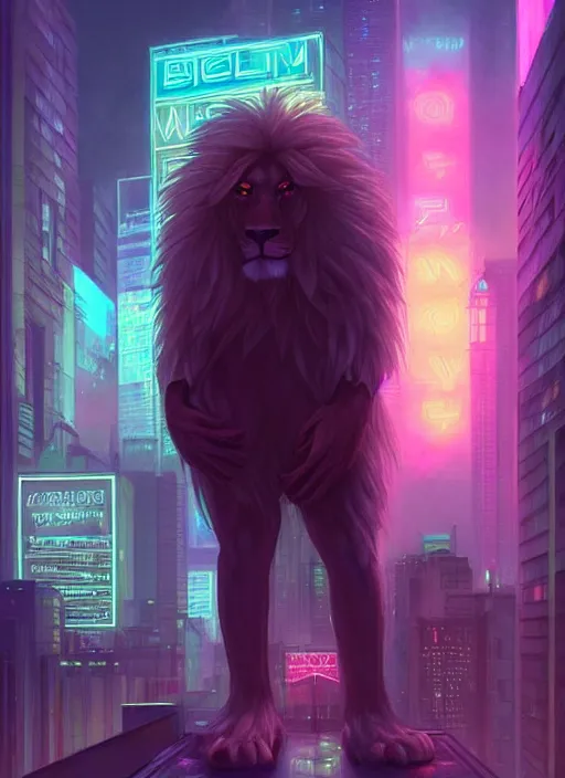 Image similar to beautiful portrait commission of a giant albino male furry anthro lion overlord controlling a vaporwave city at night in the rain below him. Neon light. Atmospheric. Character design by charlie bowater, ross tran, artgerm, and makoto shinkai, detailed, inked, western comic book art, 2021 award winning painting