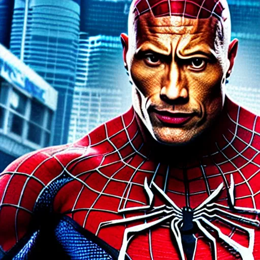 Image similar to Dwayne Johnson as Spiderman , film still