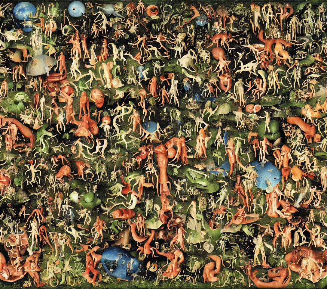 Image similar to 3 5 mm phtography, kodachrome of grandparents with alien, creatures and alien plants with garden of earthly delights bosch style