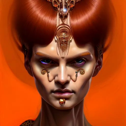 Image similar to woman with extremely large and intricate haircut with angry orange eyes and slim features looking askance, eye cyberpunk bionics, retro futurist style, intricate, elegant gleaming intricate baroque jewelry, angelic halo, highly detailed, digital painting, artstation, concept art, smooth, sharp focus, illustration, art by wlop, mars ravelo and greg rutkowski,