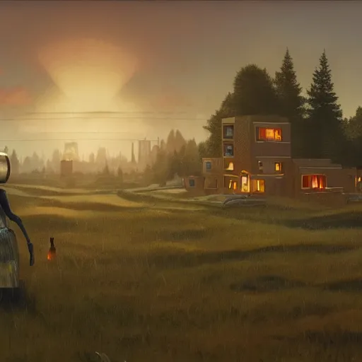 Prompt: An atompunk buildings with the sun shining through the clouds in utopia by Simon Stålenhag and Greg Rutkowski,In style of Grant Wood.hyper detailed,8K Resolution,unreal engine 5,Ray Tracing,highly realistic.trending on Artstation