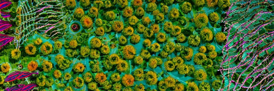 Image similar to Solarpunk synthetic plants blooming, close-up from above, colourful, 8k, stunning masterpiece, award winning, world press photo, futuristic, intense atmosphere by photographer Will Ellis