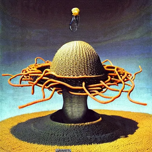 Image similar to flying spaghetti monster wearing colander as a hat, creating the universe, by otto dix, junji ito, hr ginger, jan svankmeyer, beksinski, claymation, hyperrealistic aesthetic, masterpiece