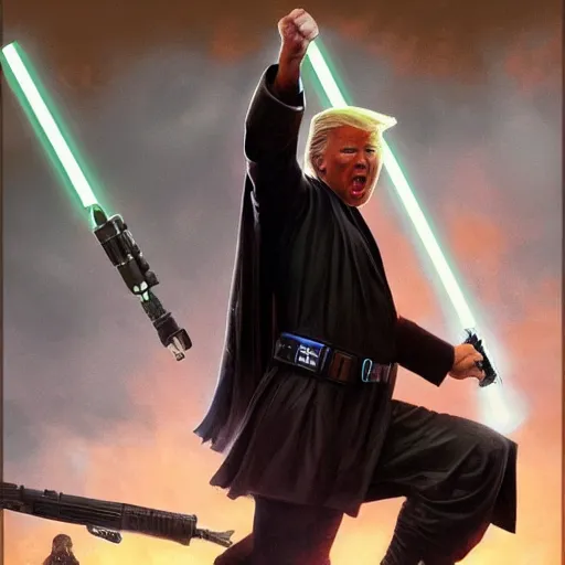 Image similar to Donald Trump as a jedi hero, capitol hill, post-apocalyptic, cinematic, atmospheric, highly detailed, Emanuel Leutze, Carl Wahlbom