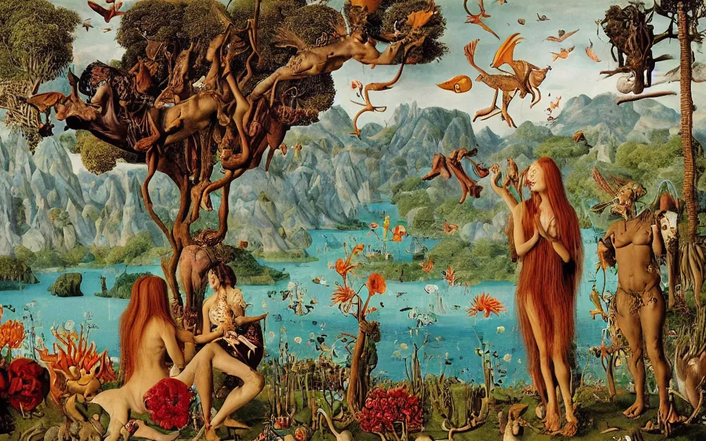 Prompt: a photograph of a meditating centaur shaman and a harpy mermaid feeding animals. surrounded by bulbous flowers, animals and a few trees. river delta with mountains and cliffs under a blue sky full of burning stars and birds. painted by jan van eyck, max ernst, ernst haeckel, ernst fuchs. trending on artstation