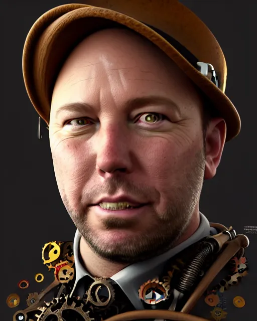 Image similar to steampunk portrait of infowars's alex jones, au naturel, hyper detailed, digital art, trending in artstation, cinematic lighting, studio quality, smooth render, unreal engine 5 rendered, octane rendered, art style by klimt and nixeu and ian sprigger and wlop and krenz cushart.