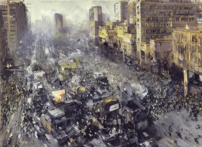 Prompt: people running at full speed protesting in dystopian santiago de chile by john berkey and manet