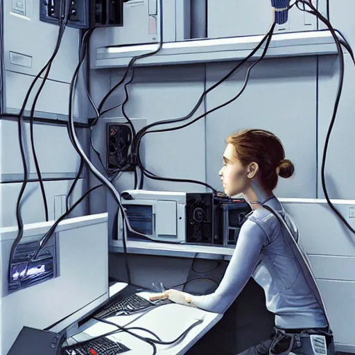 Prompt: illustration an it guy who is plugging a girl through cables to a computer and it cabinet. the girl looki like a mix of emma watson and scarlett johansson and nathalie portman, very details, by david rutkowski, by artgem