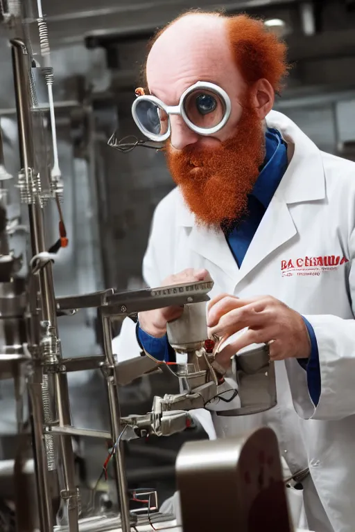 Image similar to an awkwardly tall scientist with a tangled beard and unruly red hair atop his balding head wearing a labcoat and welding goggles and holding a beaker, high resolution film still, movie by Ivan Reitman