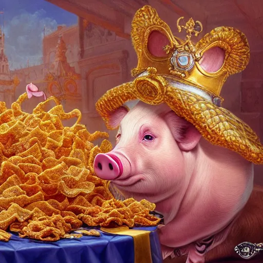 Prompt: pig wearing gold crown with mustache eating pork rind snacks, Realistic, Regal, Refined, Detailed Digital Art, Michael Cheval, Walt Disney (1937), François Boucher, Oil Painting, Steampunk, Highly Detailed, Cinematic Lighting, Unreal Engine, 8k