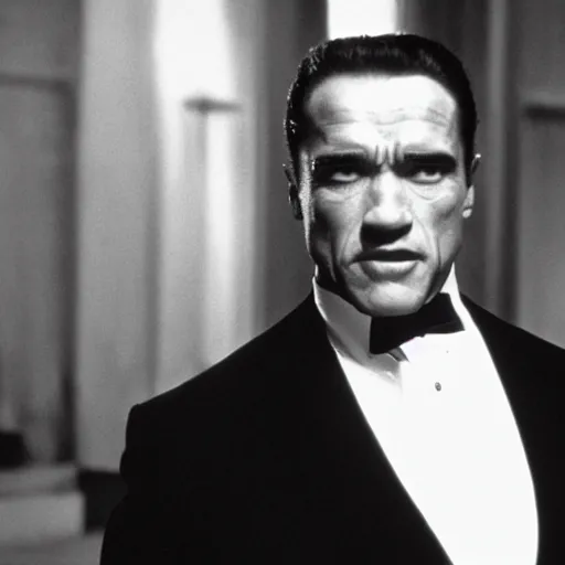 Prompt: film still of arnold schwarzenegger as vito corleone