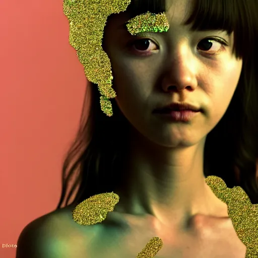 Image similar to weird cute closeup portrait of a beautiful carefree stoner girl in tanktop covered flower glitter, by katsuhiro otomo, yoshitaka amano, nico tanigawa, rendered with intense 3 d effect reflective shadowing, cinematic lighting, hyperrealistic illustration uhd 8 k