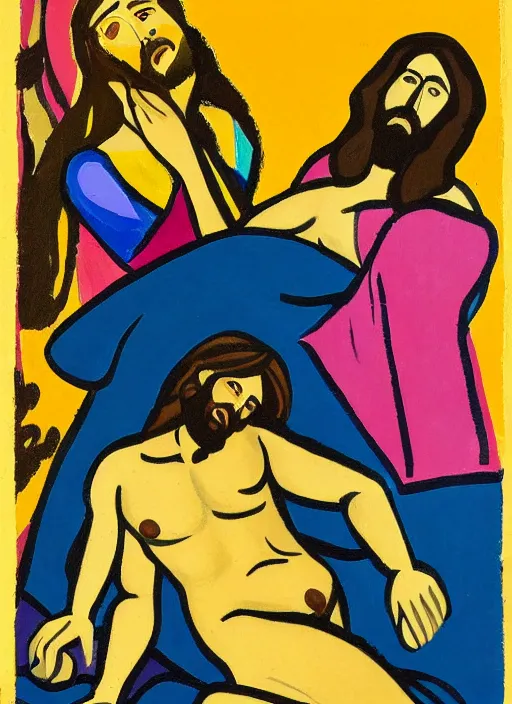 Prompt: painting of jesus being seductively unrobed by a mysterious woman, 8 k cel shading, pivix, in the style of ernst ludwig kirchner