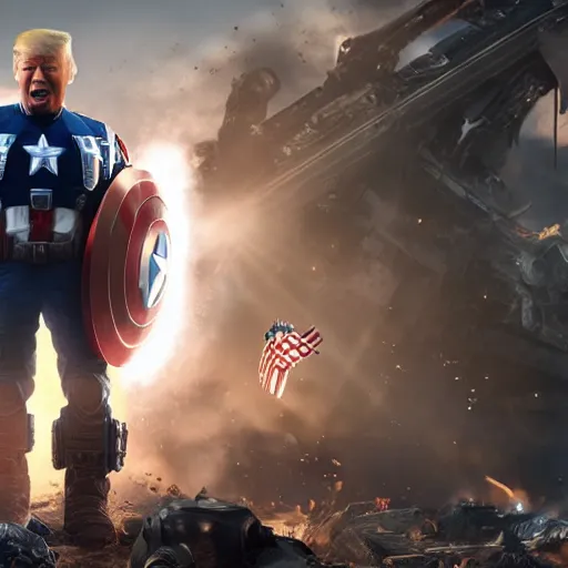 Image similar to portrait of donald trump as captain america in gears of war, splash art, maga, patriot, movie still, cinematic lighting, dramatic, glowing, ray tracing, octane render, long lens, shallow depth of field, bokeh, anamorphic lens flare, 8 k, hyper detailed, 3 5 mm film grain