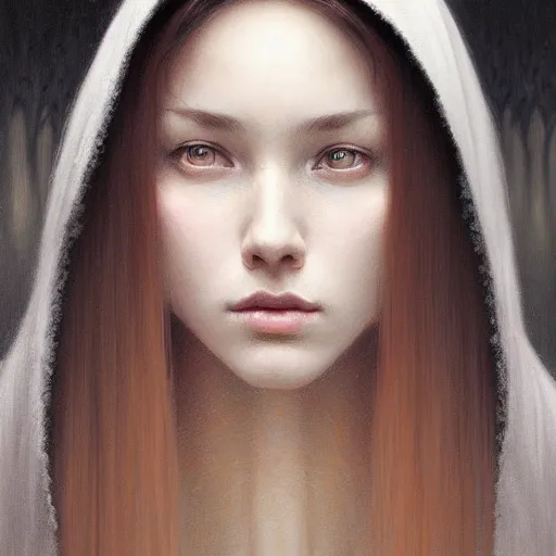 Prompt: Portrait of a young woman wearing a hooded robe, in a trance, intricate, elegant, highly detailed, digital painting, artstation, concept art, smooth, sharp focus, illustration, art by artgerm and greg rutkowski and alphonse mucha, by beksinski