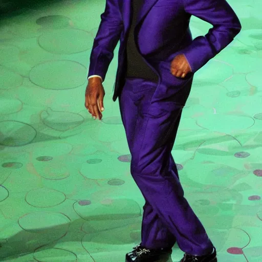 Image similar to will smith standing on stage at the oscars slapping chris rock as hard as he can by wayne barlowe blue green purple color palette very detailed clear focus