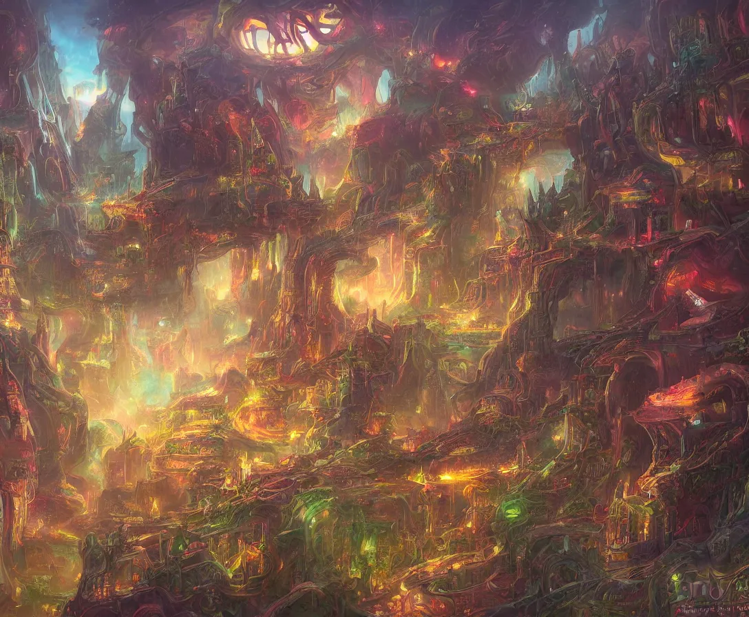Image similar to detailed painting of an intricate fantasy sci-fi-world, colorful, dreamy, concept art