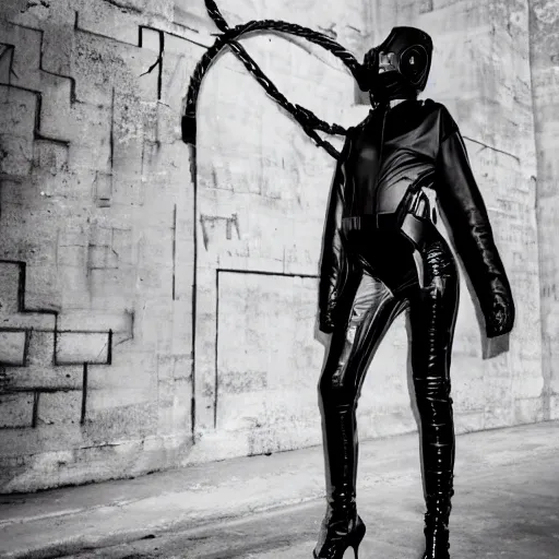 Image similar to fashion photography of an extraterrestrial model, holding a leather whip, wearing demobaza fashion, inside berghain, berlin fashion, harness, futuristic fashion, dark minimal outfit, photo 3 5 mm leica, hyperdetail, berghain, 8 k, very detailed, photo by nick knight