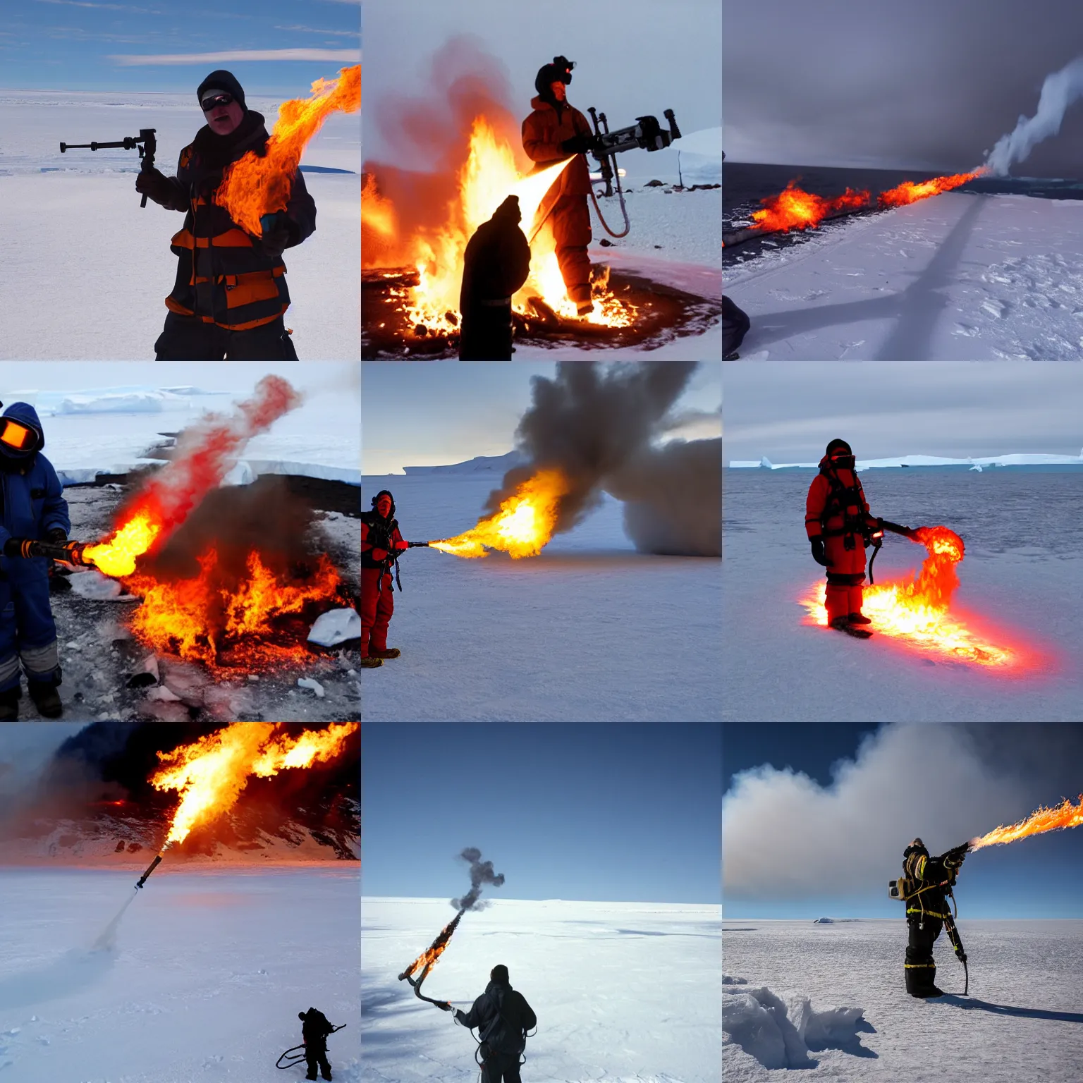 Prompt: Man with a flamethrower in Antarctica