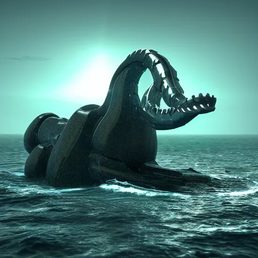 Image similar to a robot similar to the lochness monster in the ocean, octane render, 3D