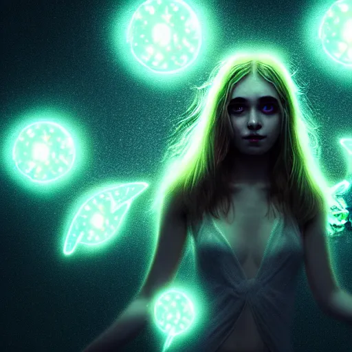 Prompt: mystical female creature with glowing energies and particals, surrounded by spirits, gloomy cinematic lighting, highly detailed, illustrated novel