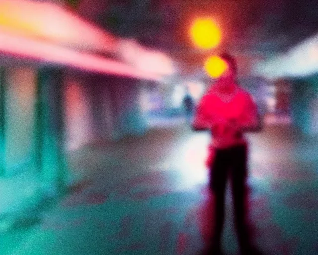 Prompt: aggressive psychopath looking at camera, psychedelic lighting, at night, cctv footage, out of focus, motion blur