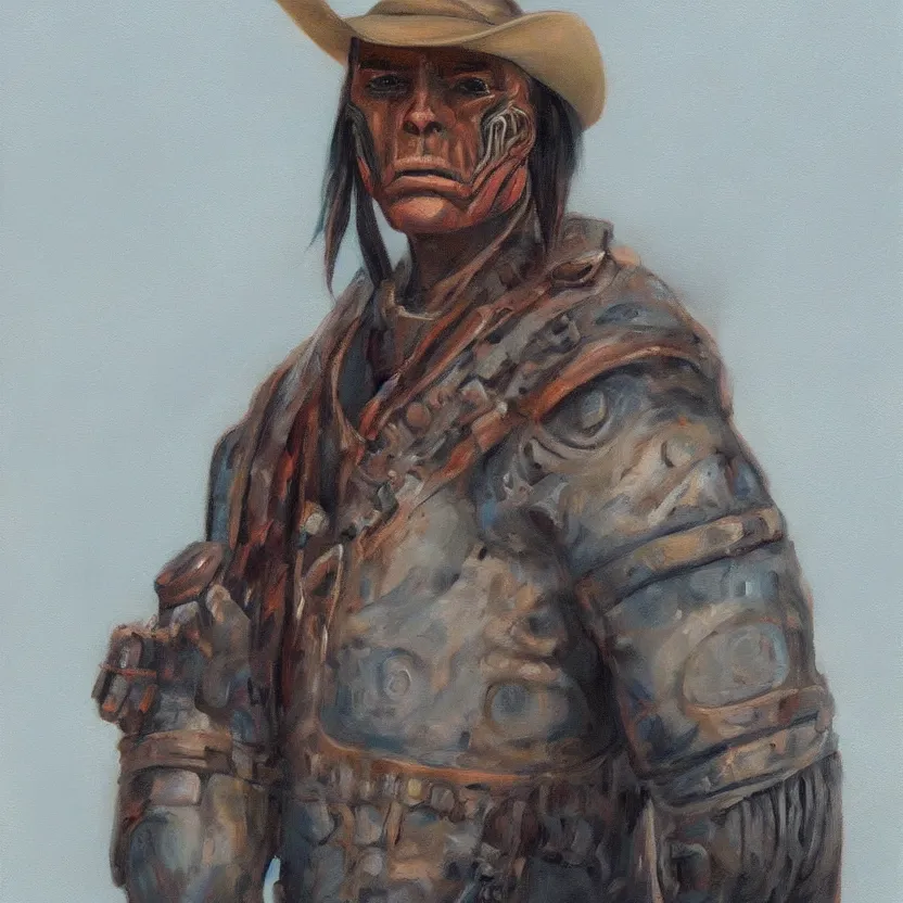 Prompt: portrait painting of a tribal alien cowboy. muted colors, soft gradients. trending on artstation. retrofuturism.
