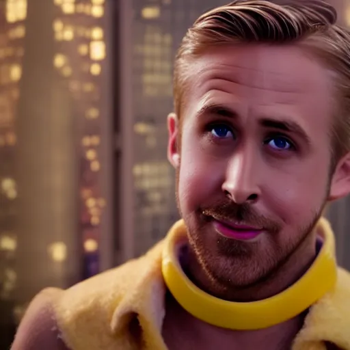 Image similar to ryan gosling inside a banana costume, highly detailed, extremely high quality, hd, 4 k, 8 k, professional photographer, 4 0 mp, lifelike, top - rated, award winning, realistic, detailed lighting, detailed shadows, sharp, no blur, edited, corrected, trending