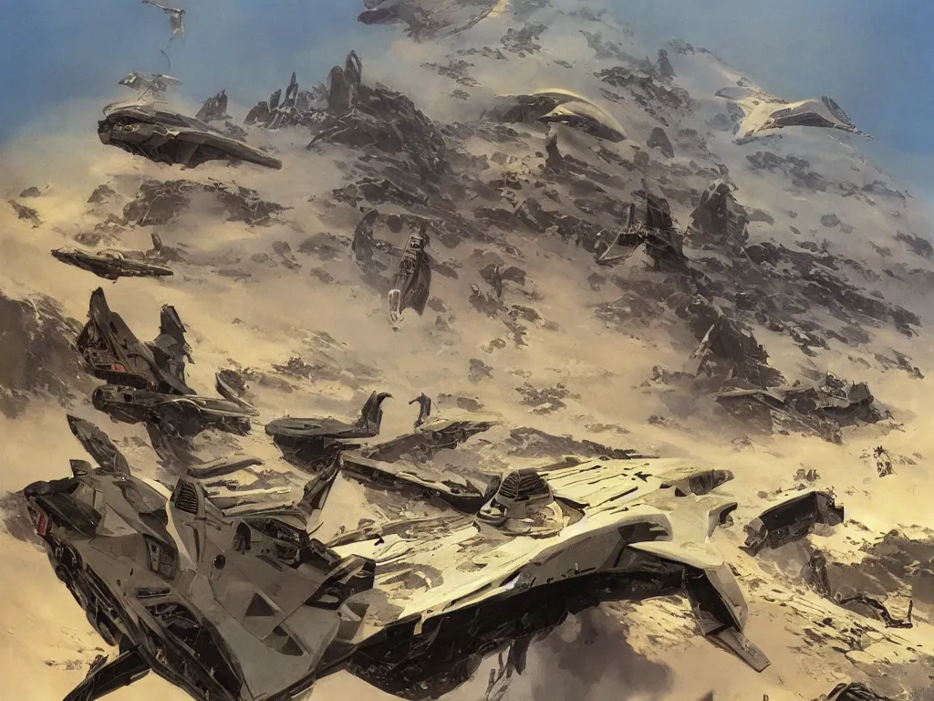 Image similar to ( ( ( ( ( dune 2 0 2 1, matte painting, sci - fi illustration, sci - fi environment, painting ) ) ) ) ) by vincent di fate and john berkey and ralph mcquarrie!!!!!!!